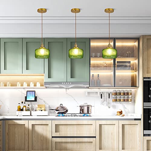 Single Glass Pendant Light Green Striped Glass Shade Brushed Brass Gold Pendant Lights Fixture Farmhouse 1