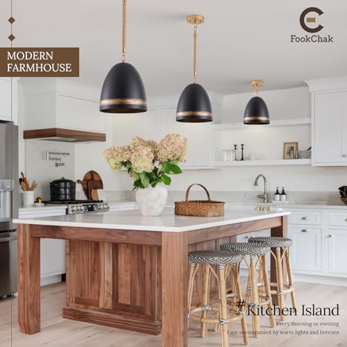 Farmhouse Pendant Light Black 10in Hemp Rope Boho Kitchen Island Lighting French Country Ceiling Pendant Light for Kitchen Sink Dining Room Entry Hallway