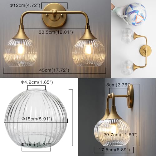 Wall Sconce Vintage Vanity Light Antique 2 Lights Sconce with Clear Ribbed Globe Glass Shade Antique Brass Gold Double Sconces for Bathroom