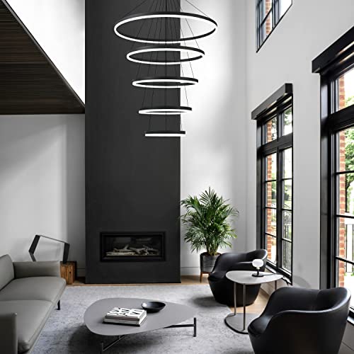 5 Rings Modern LED Chandelier Black Dimmable High Ceiling Chandelier for Dining Room with Remote Control for Foyer Living Room Entryway Staircase