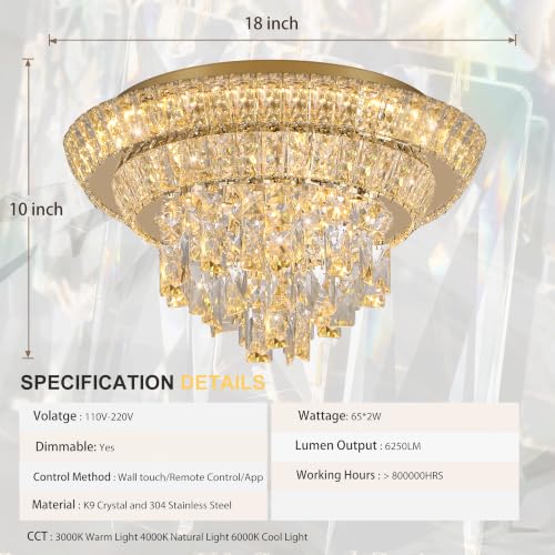 18" Gold Crystal Flush Mount Chandelier Modern LED Ceiling Light Fixture