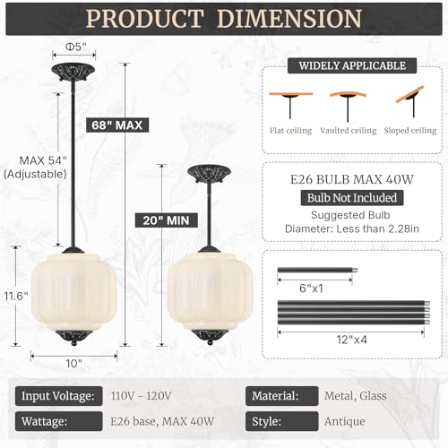 Vintage Black Pendant Lights Milky Glass Semi Flush Ceiling Light Fixture