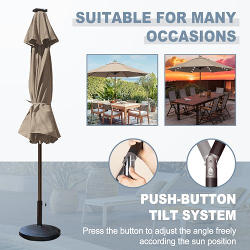 USA 10-Year-Non-Fading 10ft Market Patio Umbrella, Commercial Grade Table Sun Umbrella with 80 Solar LED Lights, Crank Open, Windproof & UPF 50+ UV Protection for Garden, Deck, Pool, Backyard, Heather Beige