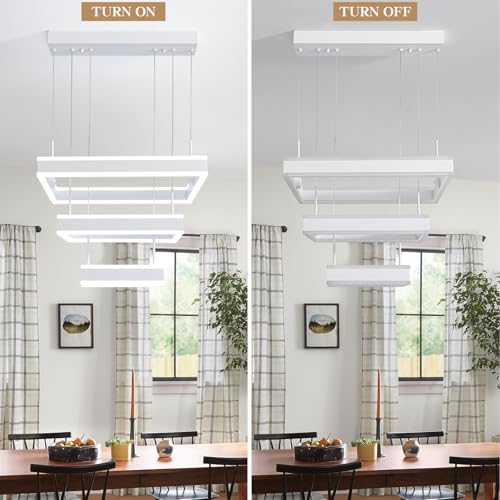 Modern LED Chandeliers White Square Rings Pendant Light Fixture with Hanging Cord Flush Mount Square Modern Chandeliers for Kitchen Island Dining Room