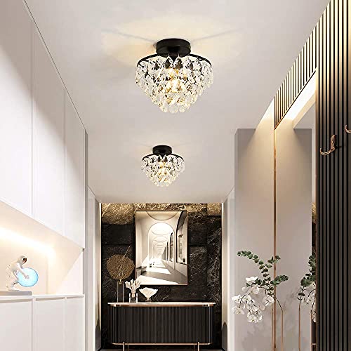 Modern Small Crystal Ceiling Light Fixture Mini Black Semi Flush Mount Chandelier Light Fixture for Hallway Bedroom Bathroom Closet e26