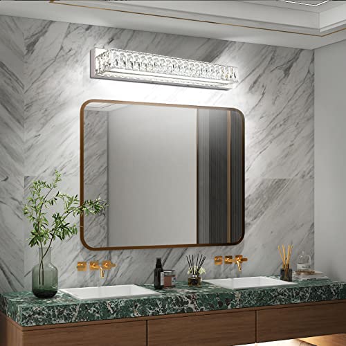 Modern Bathroom Light Fixtures Over Mirror 30 inch Crystal Chrome LED Vanity Light Bar White Light 6000K