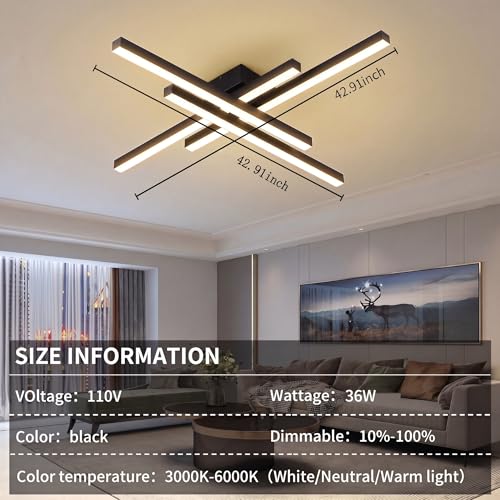 Modern LED Ceiling Lights 43.3" Black Flush Mount Ceiling Light Fixture Sputnik Dimmable Ceiling Lights with Remote Control for Bedroom Living Room Kitchen Room