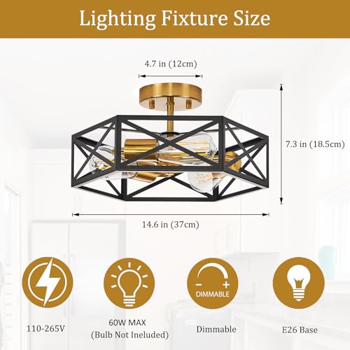 Black and Gold Modern Farmhouse Semi Flush Mount Ceiling Light 14.6 in