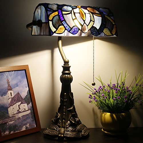 Tiffany Banker Lamp Small Stained Glass Table Lamp Blue Purple Cloudy