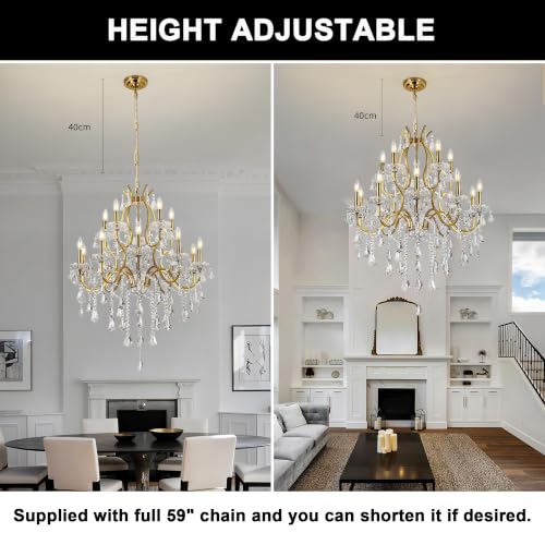 Antique French Country Gold Crystal Chandelier 2 Layers 15 Lights Dia31.5 Maria Theresa Light Fixture for Dining Room