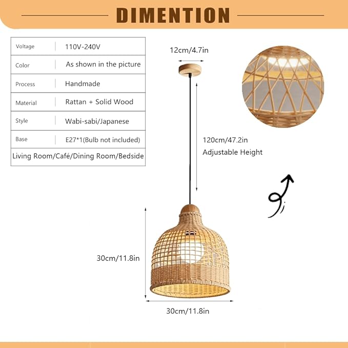 Rattan Wicker Pendant Light,Japanese Wabi-Sabi Vintage Bamboo Chandelier,Zen Natural Handwoven Hanging Lamp with Solid Wood Ceiling Plate,Living Room Fixture for Dining Room Bedside