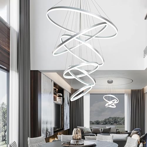 6 Rings Pendant Lights 47.2'' Modern Height Adjustable Chandeliers Sliver Led Chandelier Dimmable Sliver Chandelier Led Pendant Light for Dining Room Bedroom Living Room
