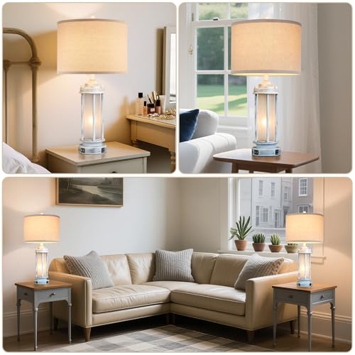 25" Set of 2 Antique White Rustic Table Lamps 2 USB C+A Ports (2 Count)