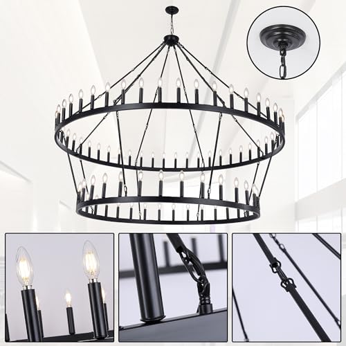Rustic Farmhouse Black Wagon Wheel Chandelier Large Chandeliers for High Ceilings 2 Tier 80Lights 78.7 Inch for Dining Room Living Room Foyer Porch Kitchen Island