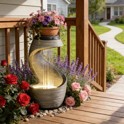 37" S Shaped Outdoor Water Fountain with LED Lights