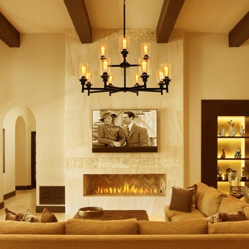 2-Tier 12-Light Large Black Farmhouse Chandeliers for Living Dining Room