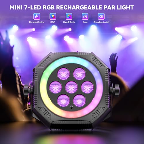 Stage Lights Mini RGB Battery Powered Uplights LED Rechargeable Par Can Lights with Halo (2 Count)
