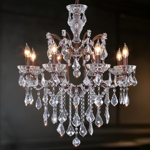 8 Light Crystal Chandelier European Vintage Rustic Metal Pendant Lighting Luxury French Ceiling Light for Living Room Dining Room Foyer Bedroom UL Listed （H25.5 × D23.6）