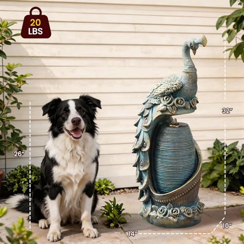 Peacock Outdoor Water Fountain 32" H Cascading Waterfall Fountain with LED Lights & Pump Tiered Water Feature for Garden
