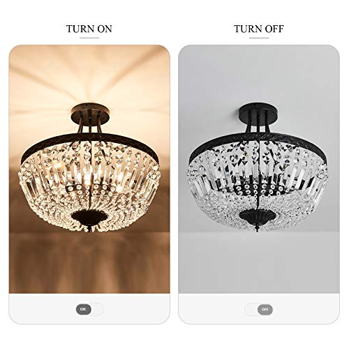 5 Light E12 Round Crystal Ceiling Light Fixture Modern Semi Flush Mount Chandelier Ceiling Lamp for Living Room Dining Room Entryway Hallway Foyer Bedroom Laundry Bathroom（Black）