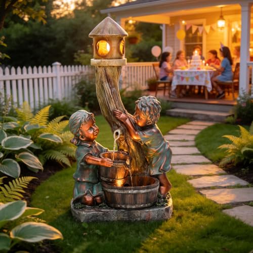 AUTODAYA 31" Boy and Girl Outdoor Fountain LED 3