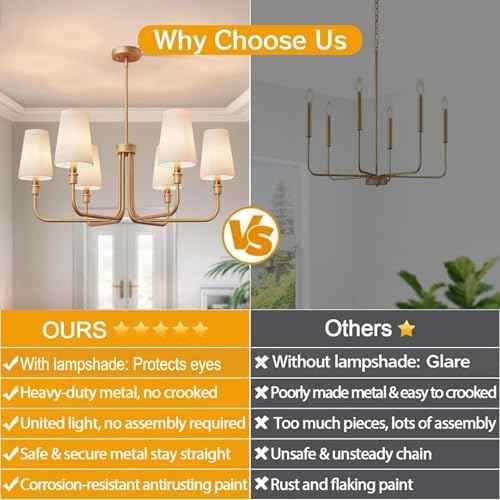 6-Light Chandelier for Dining Room Light Fixture Over Table, 33.86" Modern Muted Gold Chandelier with White Fabric Shade, Adjustable Hanging Light Fixture for Kitchen Dining Room