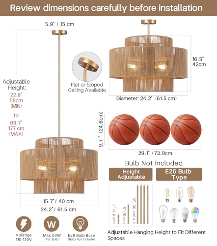 24'' Boho Rattan Chandelier, 4-Light Hand-Woven Wicker Pendant Lamp, Rustic Modern Ceiling Light Fixture for Dining Room, Kitchen Island, Living Room, Bedroom, Foyer, Entryway, Over Table