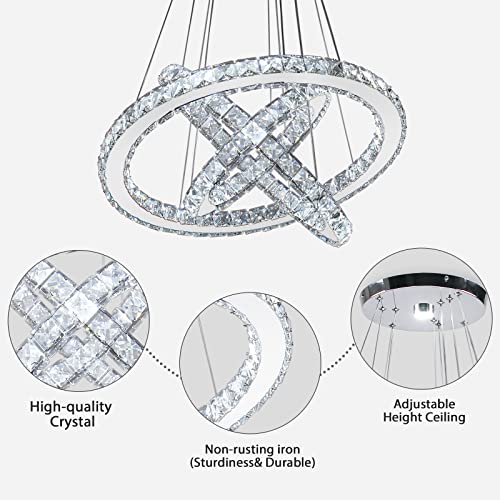 3 Ring Crystal Chandelier Adjustable LED Pendant Cool White