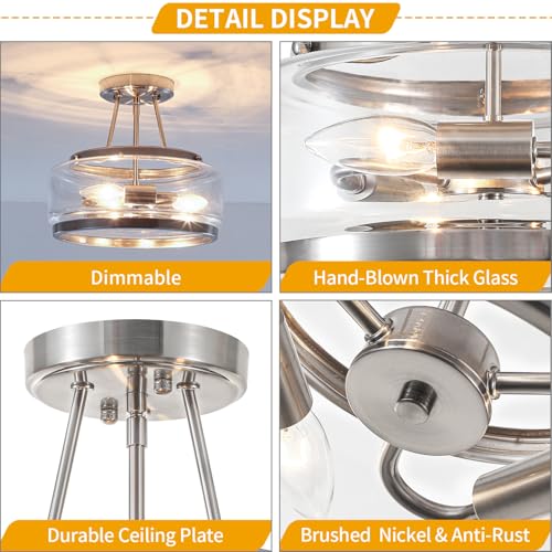 Brushed Nickel Modern Glass Ceiling Light Semi Flush Mount Ceiling Light