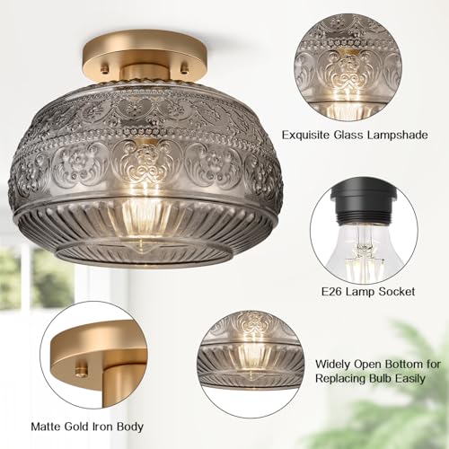 11" Gold Hallway Ceiling Light Fixture with Grey Glass for Hall Entry Way