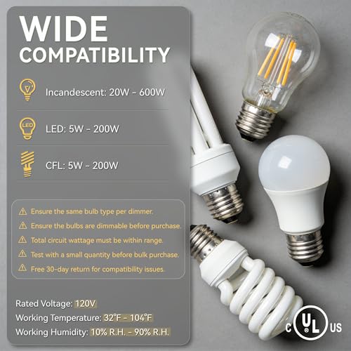 6 Pack LED Dimmer Light Switch Single Pole or 3 Way Dimmable Light Switch Compatible with LED CFL Halogen and Incandescent Bulbs with Adjustable Minimum Brightness UL Listed White (6 Count)