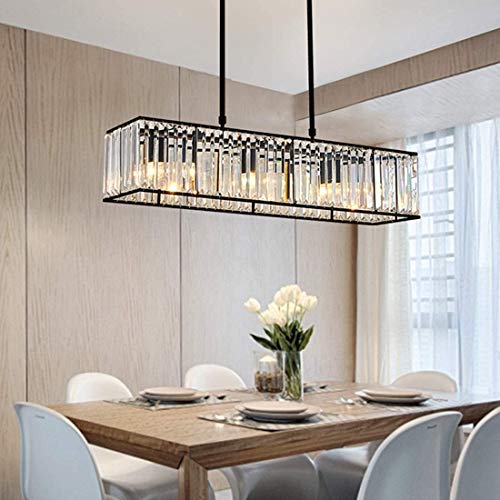 Modern Rectangular Crystal Chandelier, 5 Lights Black Rectangle Raindrop Chandelier Lighting, Industrial Linear Pendant Ceiling Light Fixture for Dining Living Room Kitchen Island L33.5''