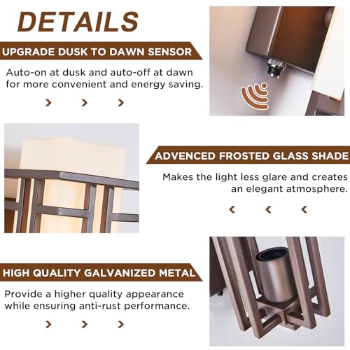 Oil Rubbed Bronze Porch Light Dusk to Dawn Outdoor Sconce Matte Brown Wall Lantern with Frosted Glass Outside House Lighting Waterproof Exterior Light Fixture for Patio Yards Garage Front Door