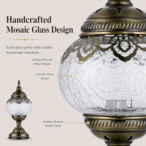 Turkish Moroccan Table Lamp Lantern with Handmade Mosaic Glass Lampshade Tiffany Style Bohemian Stained Glass Decorative Desk Lamps Bedside Night Lights for Bedroom