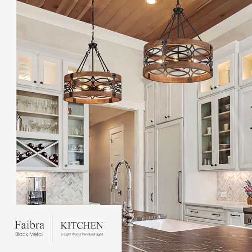 19.7" 6 Light Brown Wood Drum Pendant Light for Dining Room