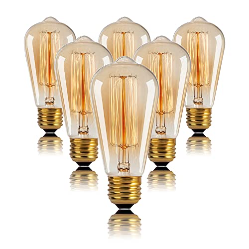 ST64 Incandescent Edison Bulb 40W E26 2200K Dimmable Amber Glass 6 (6 Count)