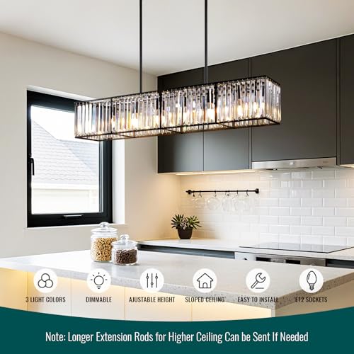 Modern Black Rectangular Crystal Chandelier for Dining Room