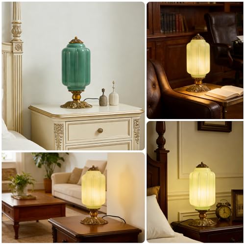 Vintage Green Milk Glass Table Lamp with Antique Metal Base