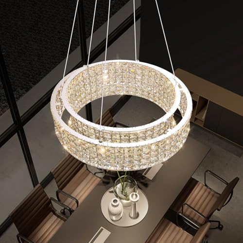 W32 Modern Chandeliers for Living Room LED Dimmable Pendant Lighting High Ceiling Chandelier for Dining Room Foyer Hallway Crystal Rectangle Light Fixtures Silver