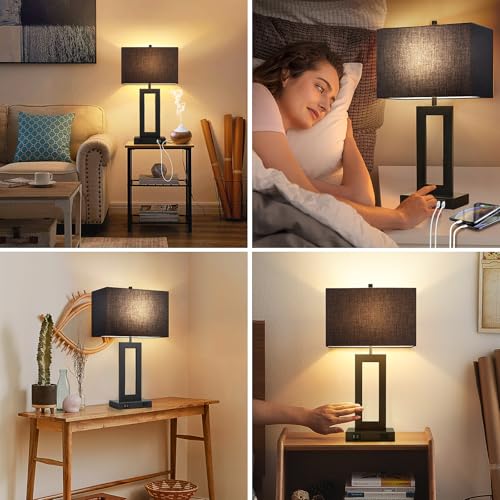 22" Black Modern Table Lamp Set of 2 with 2 USB Ports&AC Outlet (2 Count)