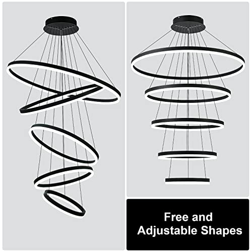 5 Rings Modern LED Chandelier Black Dimmable High Ceiling Chandelier for Dining Room with Remote Control for Foyer Living Room Entryway Staircase