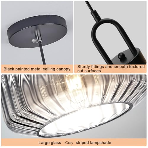 Gray Pendant Light Fixture Large Glass Pendant Light Fixture Vintage Industrial Ceiling Hanging Lights 11" Striped Wave Shade Black Metal Ceiling Hanging Lighting Farmhouse Kitchen