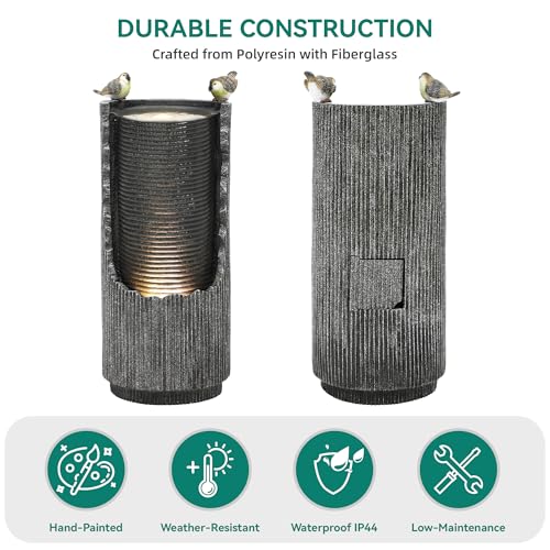 AUTODAYA 32" Bird Outdoor Fountain Distressed Fluted Column with Lights