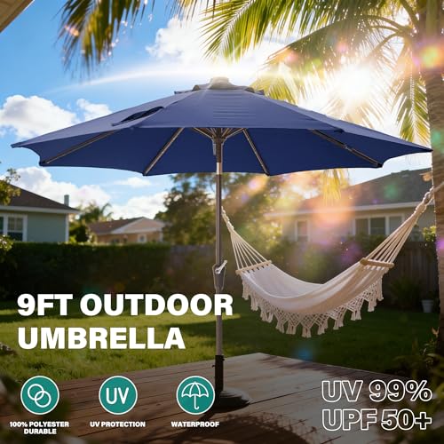 9 FT Outdoor Umbrella with solar lights Patio Table Umbrella Navy