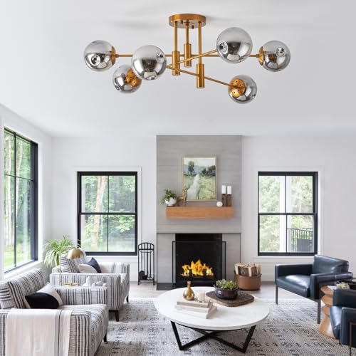 6 Lights Gold Sputnik Ceiling Light Fixture Modern Globe Glass Chandelier