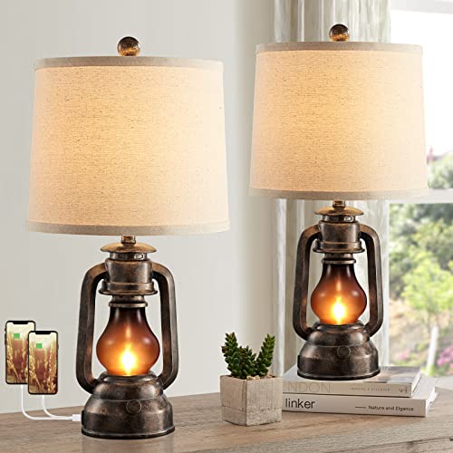 Farmhouse Lantern Table Lamps for Living Room Set of 2 with USB C+A (2 Count)