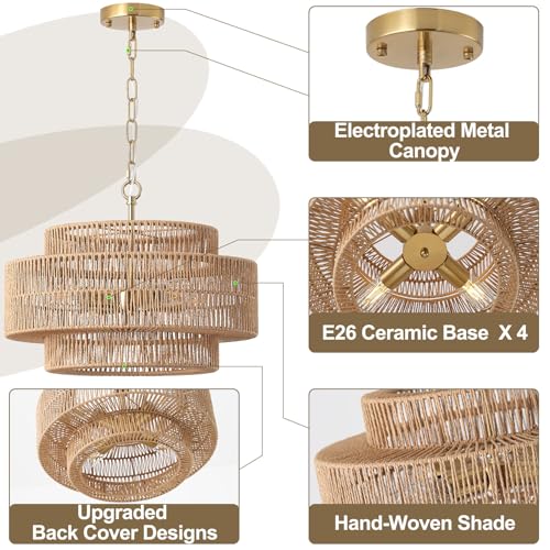 17.7"Large Boho Rattan Farmhouse Chandeliers for Dining Room