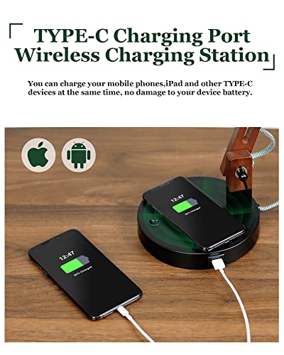 Modern Sapele Wood Desk Lamp with Upgraded Wireless Charger & USB C Charging Port Swing Arm Table Lamp Bedside Reading Task Light for Dorm Office Bedroom Living Room LED Bulb Included Black