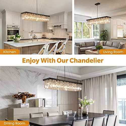7PM Rectangle K9 Crystal Chandelier Modern Rectangular Pendant Lighting Fixture for Dining Room Kitchen Island Bedroom Black L47'' x W10'' x H10''