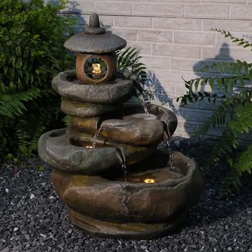 25.2" H 4 Tiered Pagoda and Imitation Rock Outdoor Water Fountain